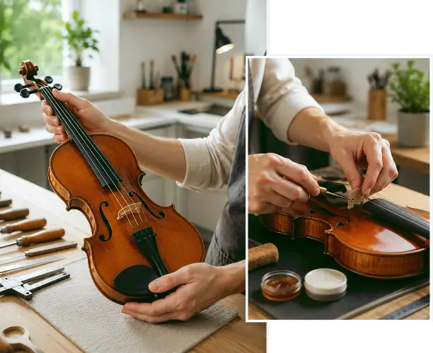 Atelier Sonoris sélectionne et prépare votre violon, prêt à jouer.